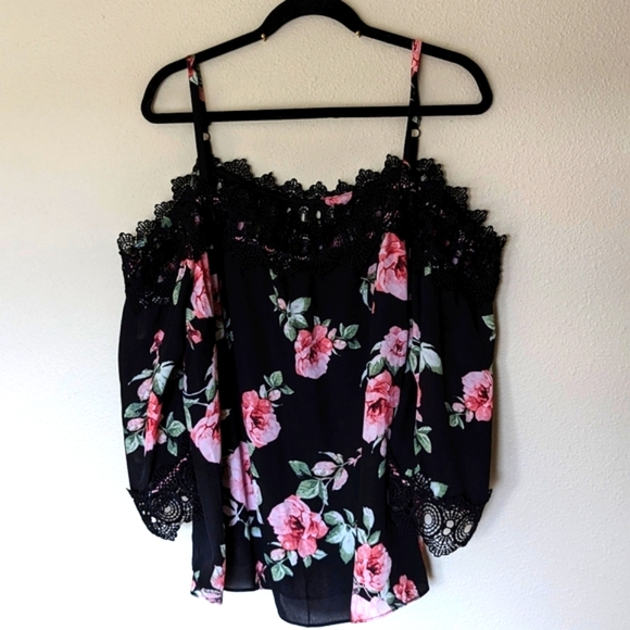 breathless Tops - 24 Breathless Off-shoulder Black & Pink Floral Top